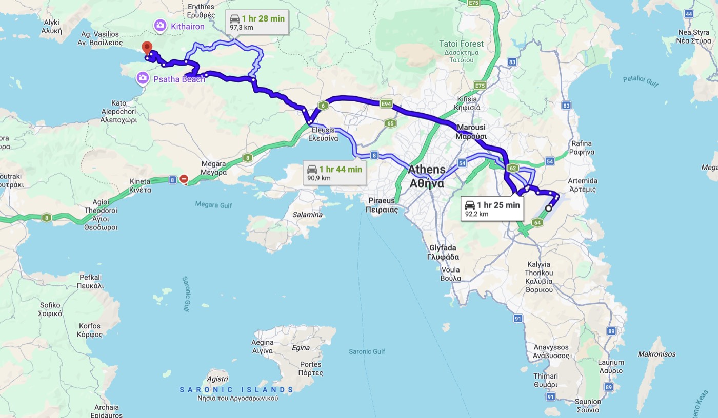 Google Maps driving route from Athens to Porto Germeno, showing a journey of about 1 hour 25 minutes